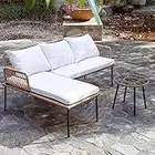 Homsido Patio Rope Woven Furniture Set of 3,Boho Sectional Outdoor Right Left L-Shaped Conversation Sofa for Backyard,Porch,Detachable Lounger with White Thickness Cushions, Side Table, 3 Pieces