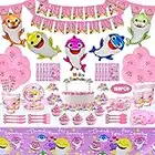 Baby Shark Party Supplies For Girls-Baby Shark Party Decorations-Happy Birthday Banner,Cake Topper,Pennant, Tablecloth,Baby Shark Party Balloons and tableware for 10 Customers