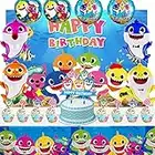 Shark Baby Birthday Decorations, Shark Birthday Party Supplies, Included Balloons Tablecloth backdrop Cake Cupcake Toppers