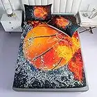 Roscloud Sports Basketball Sheet Sets Twin Size - 2PC Ice Flame Galaxy Basketball Boys Fitted Sheet（Fitted Sheet*1 Pillowcases*1）