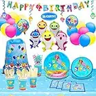 Little Shark Birthday Decorations, Ocean Theme Party Supplies for 16 Guests, Party Plates, Cups, Napkins Set, 2 Large Tablecloths, Drawstring Bag, Shark Family Balloons, Hanging Swirls, Banner, 203pcs