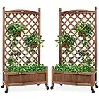 Best Choice Products Set of 2 48in Wood Planter Box & Diamond Lattice Trellis, Mobile Outdoor Raised Garden Bed for Climbing Plants w/Drainage Holes, Optional Wheels - Walnut