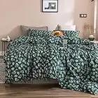 mixinni Garden Style Floral Duvet Cover Queen Size Soft Cotton White Flower on Green Duvet Cover Reversible Bedding Set with Zipper Ties for Her and Him-Easy Care, Soft and Durable Queen Size